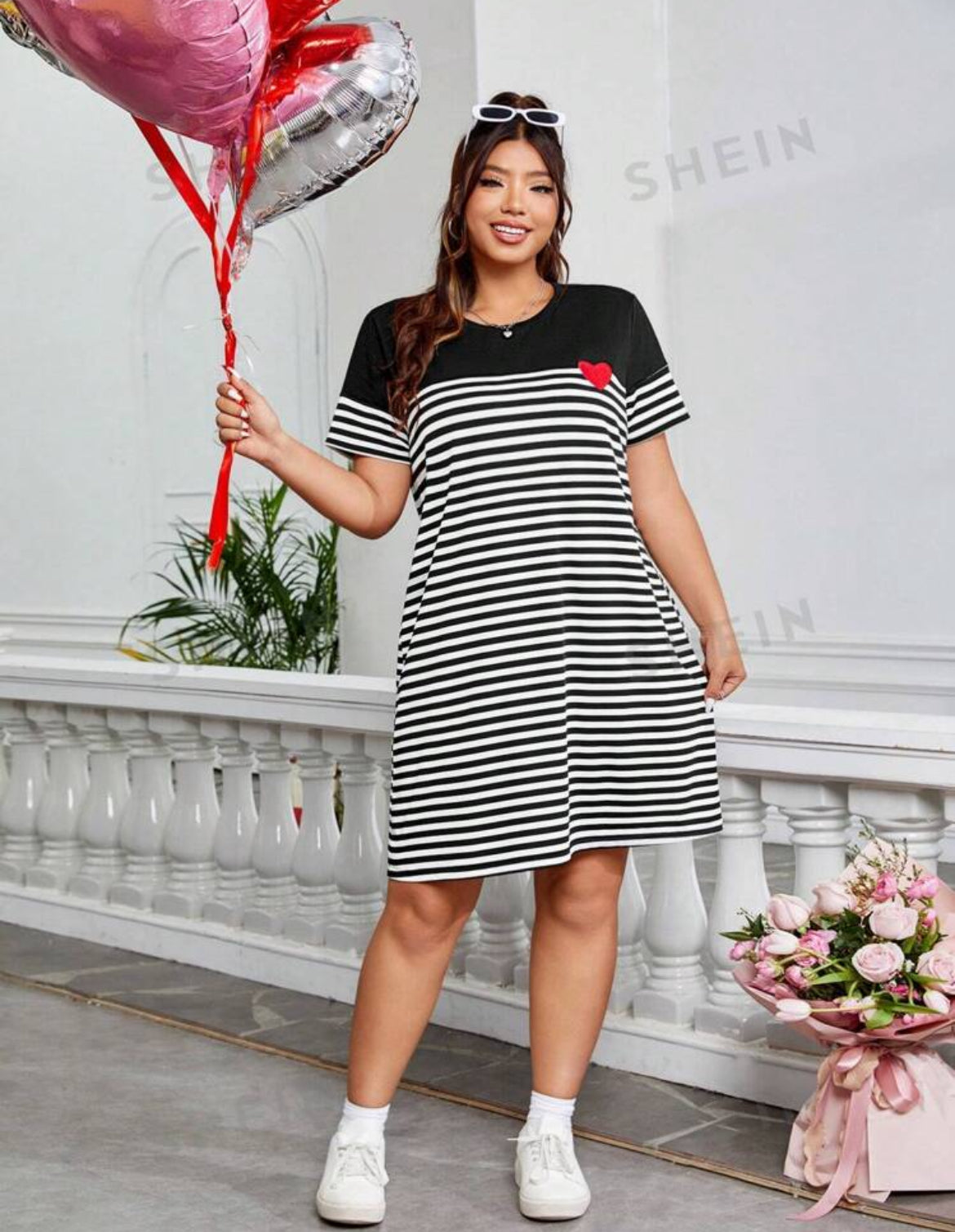 Plus Size Shirt Dress Heart and Striped Print