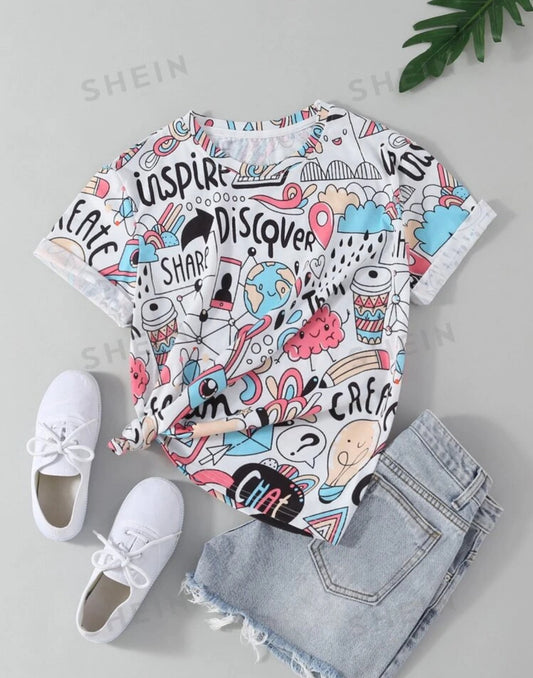 Cartoon Round Neck Shirts Printed for Women