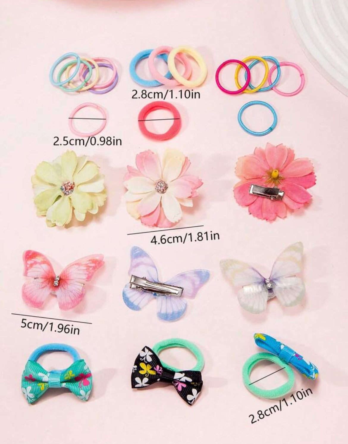 Girl's Hair Ponies Flowers and Ribbons and Clips, Rubbers, Buttlerflies