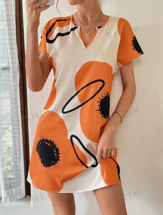 Fashion Dress-V Neck Flower Print - Orange