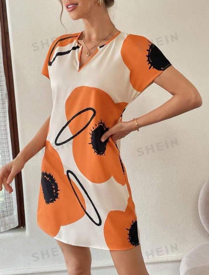 Fashion Dress-V Neck Flower Print - Orange