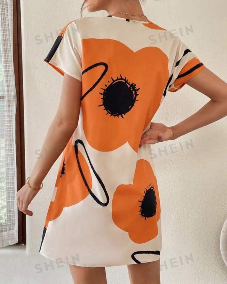 Fashion Dress-V Neck Flower Print - Orange