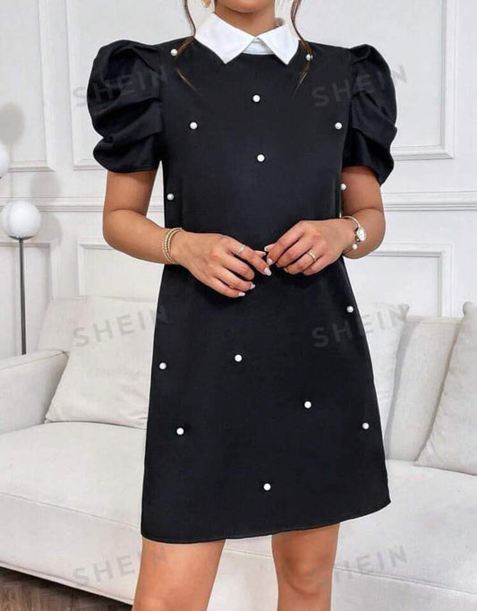 Fashion Dress  - Fuff Shoulder with White Collar Neck - Black