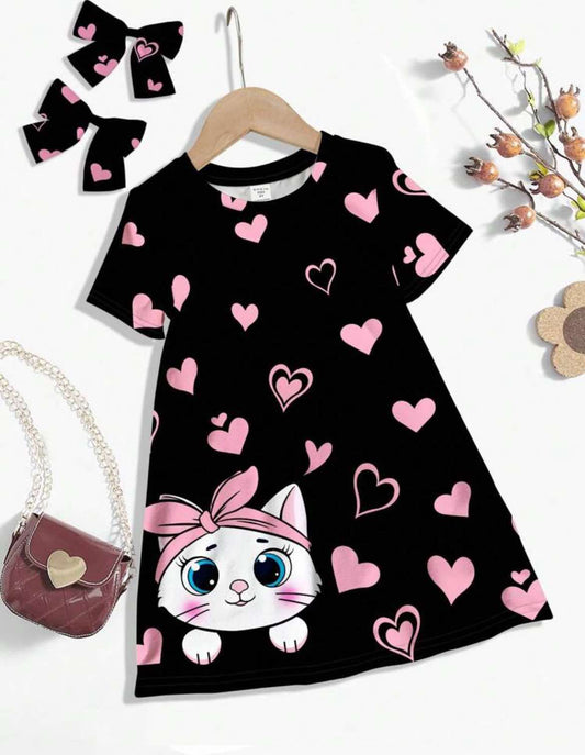 Girl's Dress Black Pink with Cat Pink Hearts