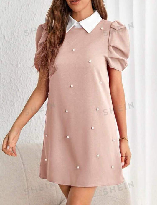 Fashion Collar Dress Puff Shoulder with Pearl Button