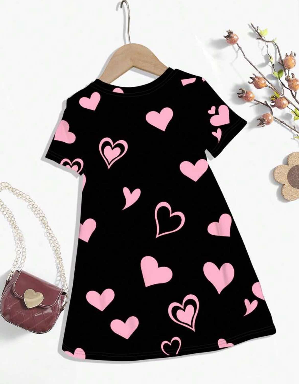 Girl's Dress Black Pink with Cat Pink Hearts