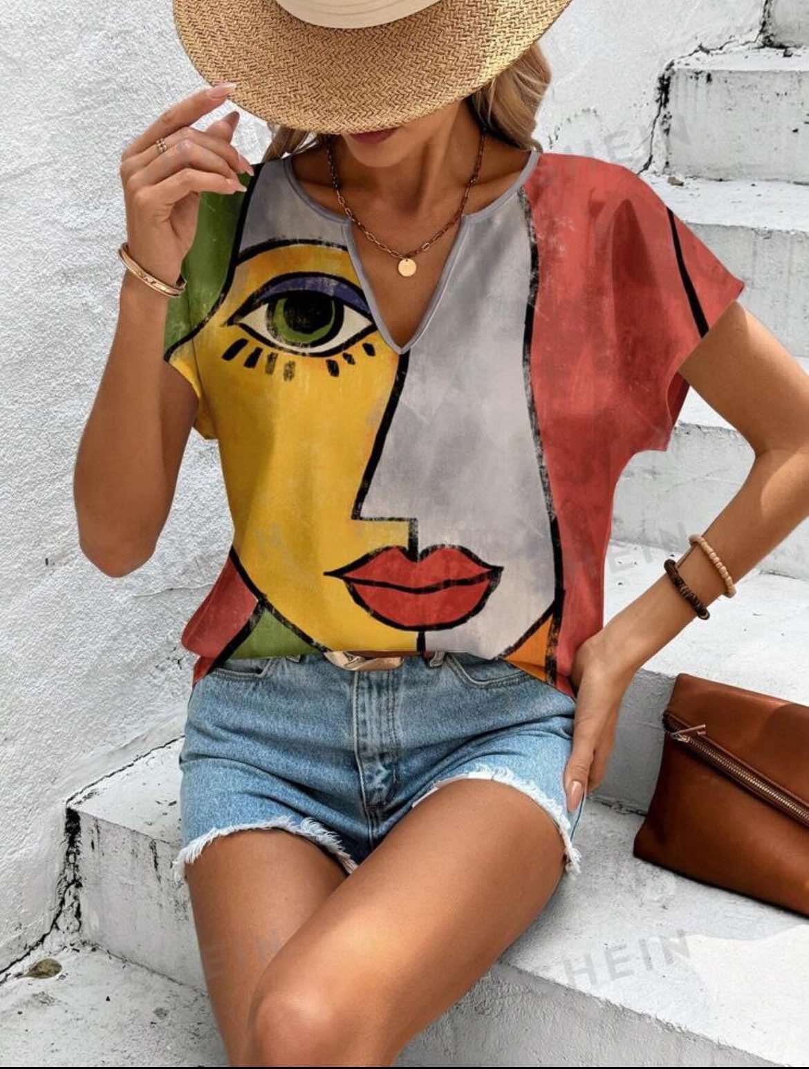 V Neck Blouse with Face Print Orange Yellow