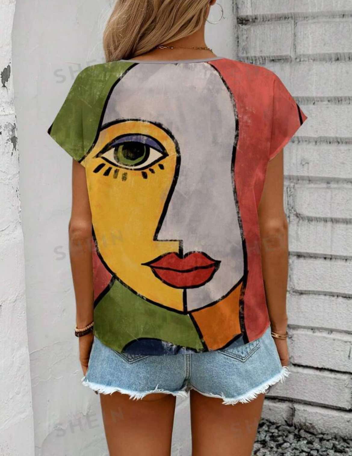 V Neck Blouse with Face Print Orange Yellow