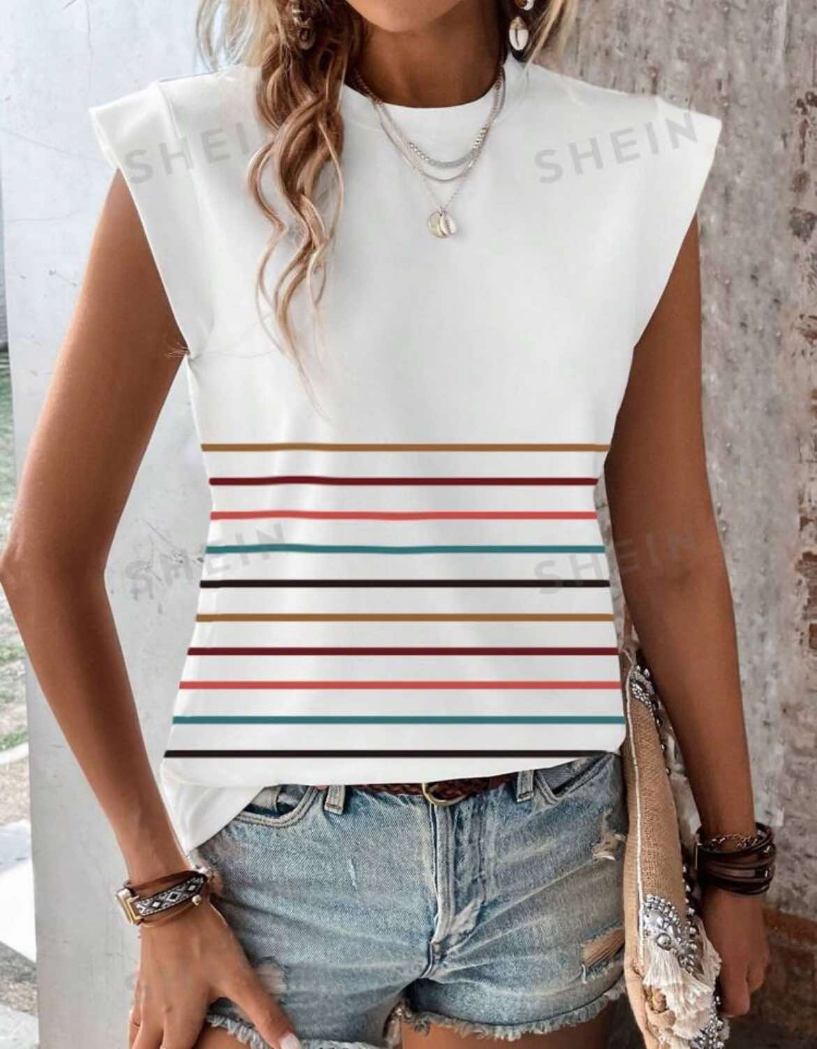 Womens Blouse Short Sleeve with Vertical Line