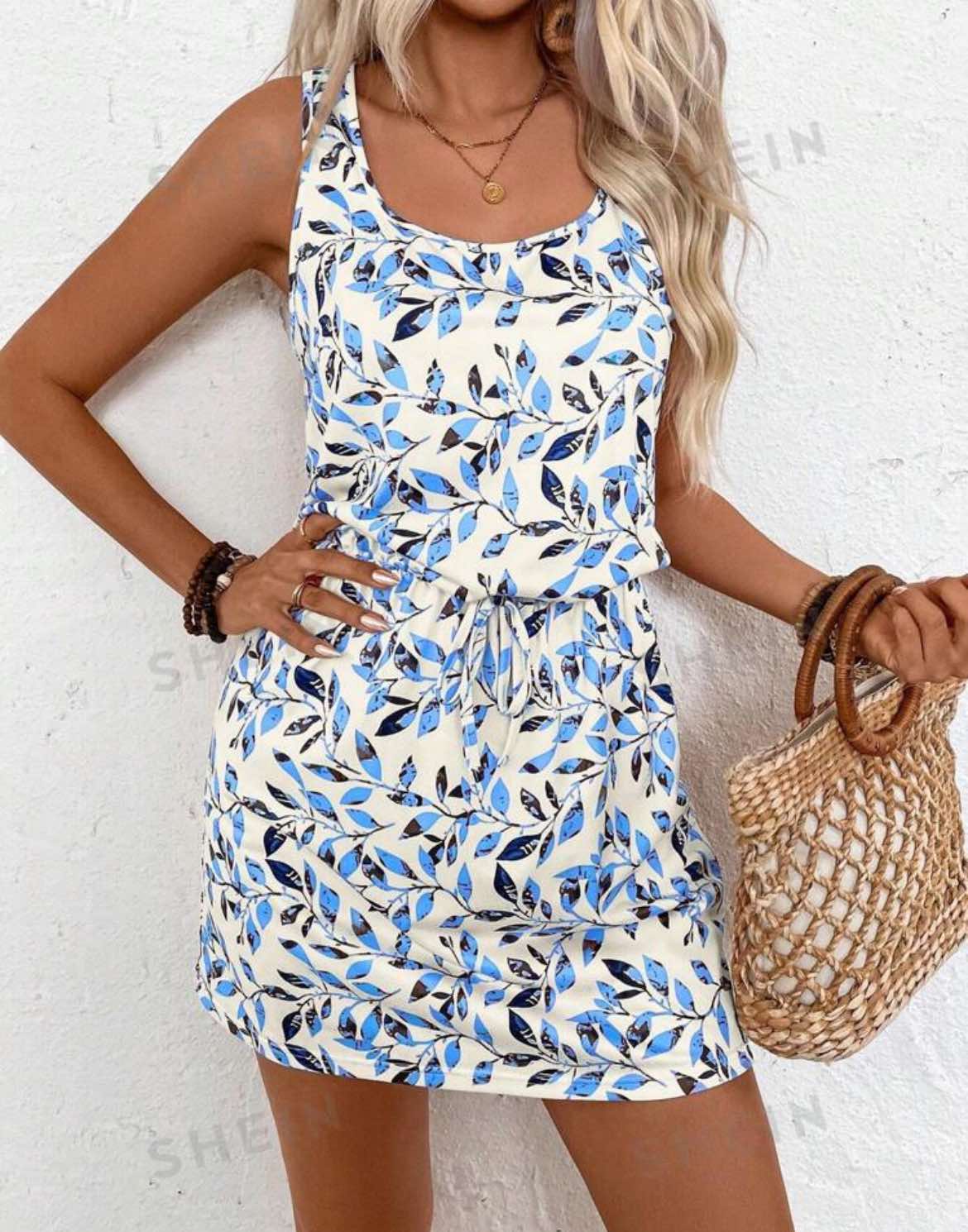 Fashion Dress Leaf Printed Dress Mini Waist String Tie