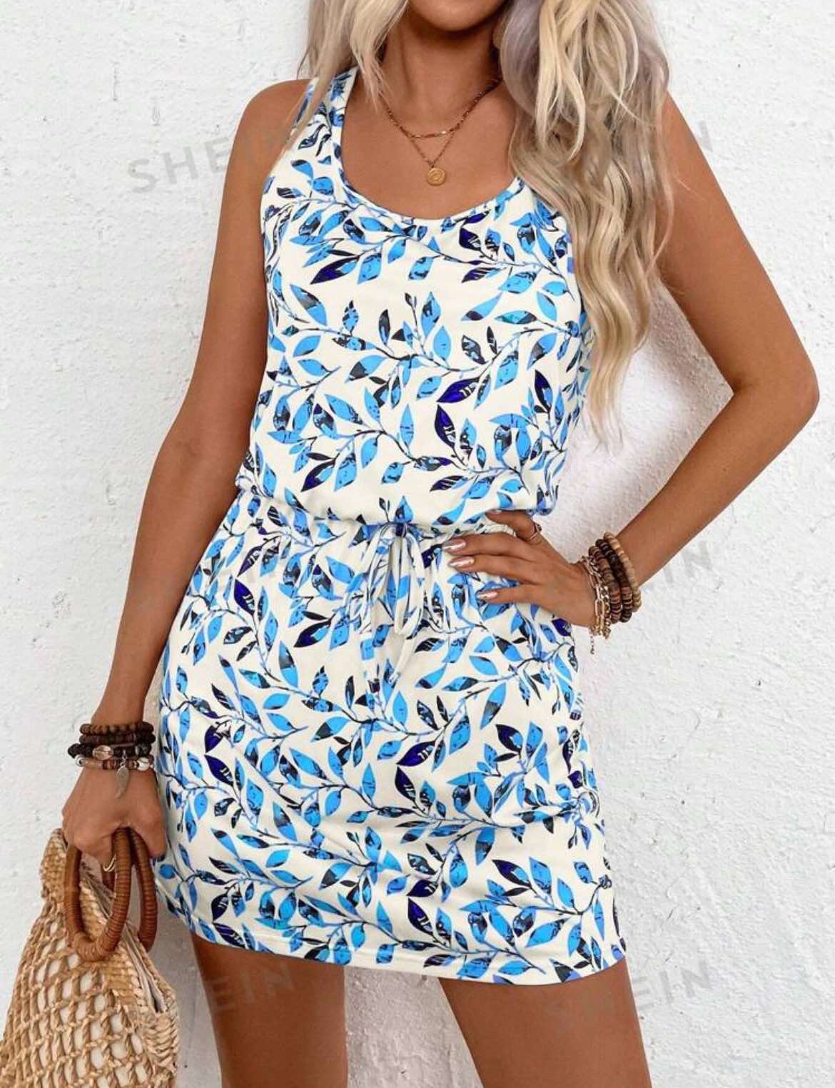 Fashion Dress Leaf Printed Dress Mini Waist String Tie